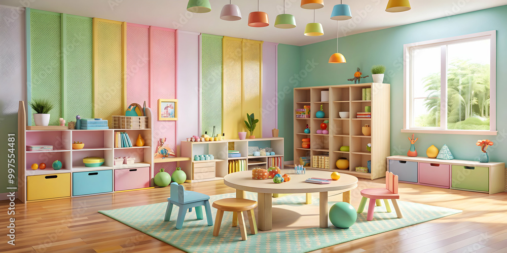 Fototapeta premium Colorful nursery playroom filled with educational toys and warm pastel colors, educational toys, colorful, nursery