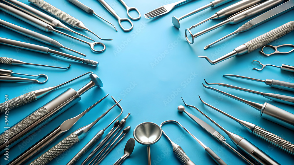 Variety of metal dental instruments on a sterile blue surface, dentistry, tools, healthcare, dentist, oral hygiene, steel Variety of metal dental instruments on a sterile blue surface, dentistry, tools, healthcare, dentist, oral hygiene, steel