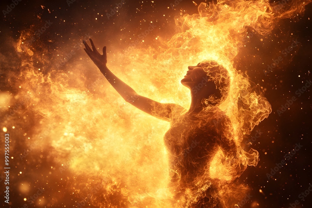 Obraz premium Fiery Passion Guiding a Determined Human Figure Through Blazing Flames