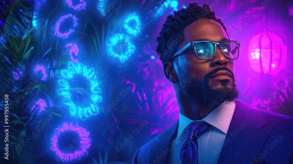 Man in suit amidst neon jungle scene with futuristic vibes Man in suit amidst neon jungle scene with futuristic vibes
