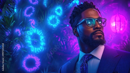 Man in suit amidst neon jungle scene with futuristic vibes