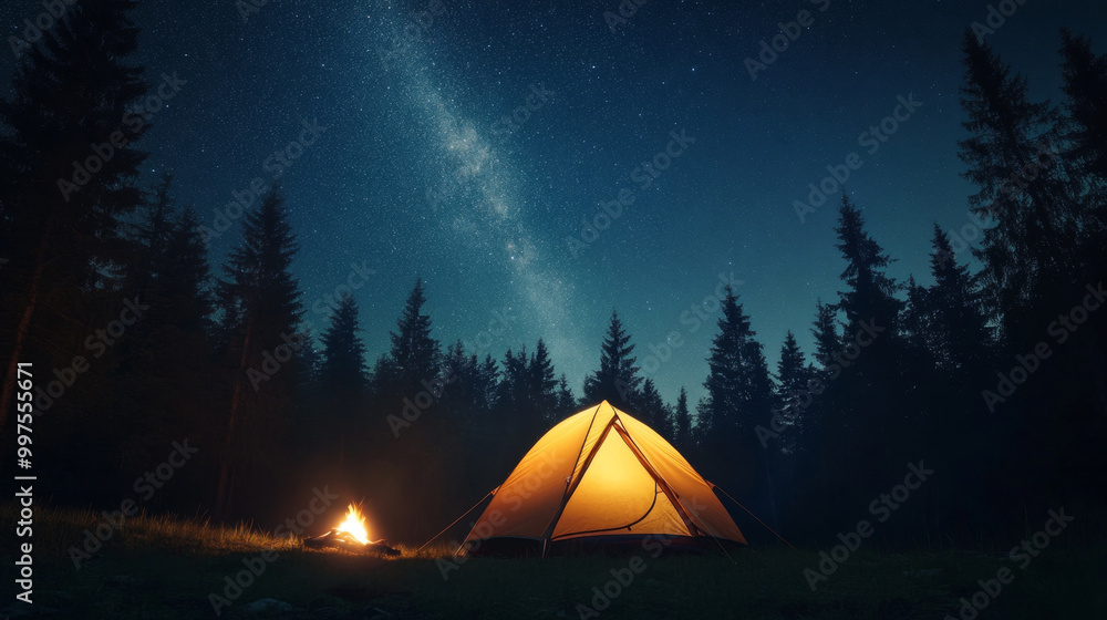 serene camping scene featuring tent illuminated from within, surrounded by tall trees under starry night sky. warm glow of tent contrasts beautifully with cool night atmosphere, creating peaceful and serene camping scene featuring tent illuminated from within, surrounded by tall trees under starry night sky. warm glow of tent contrasts beautifully with cool night atmosphere, creating peaceful and