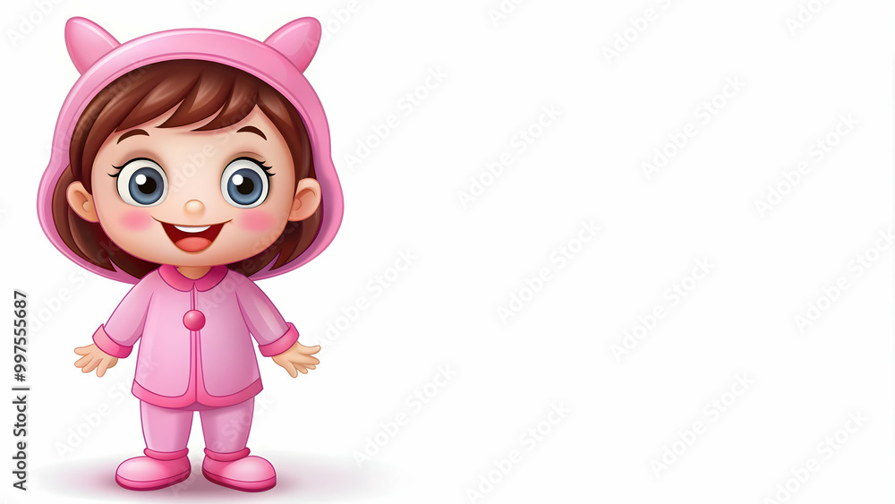 Obraz premium cartoon girl in pink costume with a big smile, isolated on a white background, , cartoon, girl, pink, costume, smiling