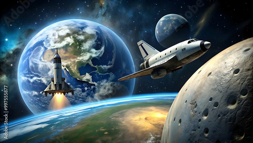 Fototapeta Naklejka Na Ścianę i Meble -  Comic style view from the moon to Earth with a space shuttle approaching , Moon, Earth, space shuttle, view, comic style