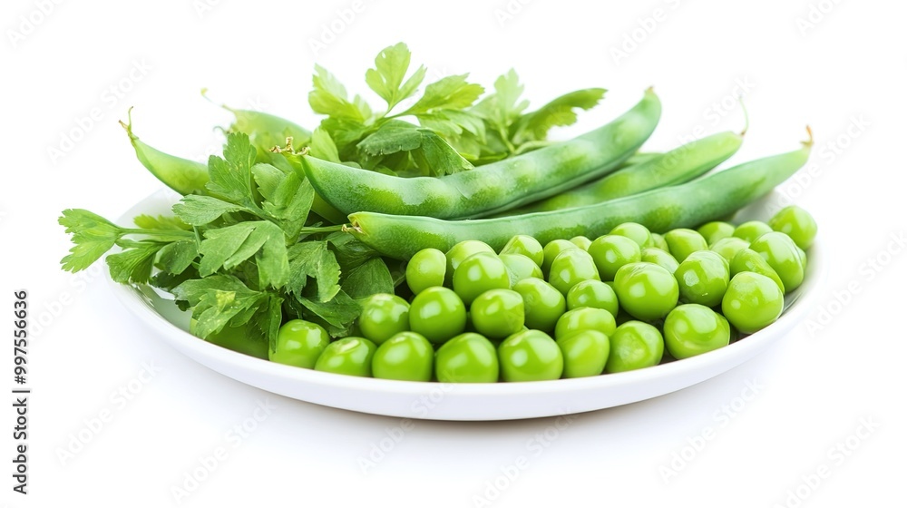 A fresh serving of green peas arranged neatly on a white plate against a clean white background. The vibrant green color of the peas contrasts beautifully with the simplicity of the plate, A fresh serving of green peas arranged neatly on a white plate against a clean white background. The vibrant green color of the peas contrasts beautifully with the simplicity of the plate,