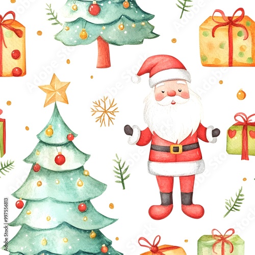 Watercolor Christmas Seamless Pattern with Santa, Christmas Trees and Gifts