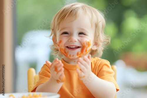 A close up portrait of a cheerful messy toddler boy covered in spaghetti sauce while happily clapping his hands and expressing pure joy and delight photo