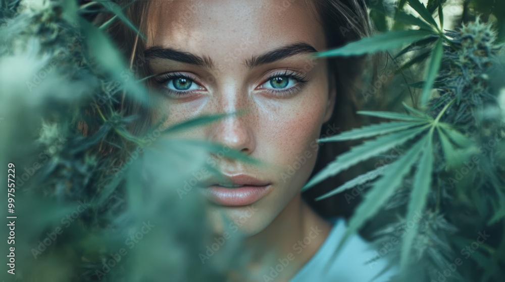 Introspective Gaze of a Woman in a Cannabis Field Introspective Gaze of a Woman in a Cannabis Field
