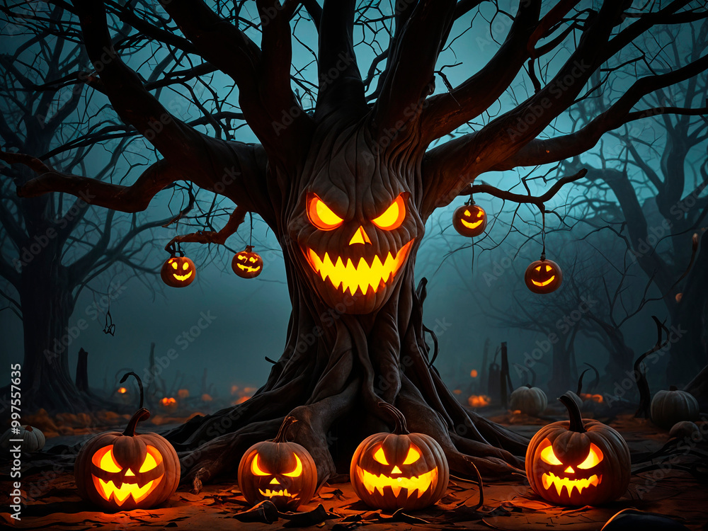 A spooky Halloween scene with a dark, twisted, leafless tree in the center. The tree has a menacing face with glowing, fiery orange eyes and a wide, ghastly grin - generated by ai A spooky Halloween scene with a dark, twisted, leafless tree in the center. The tree has a menacing face with glowing, fiery orange eyes and a wide, ghastly grin - generated by ai