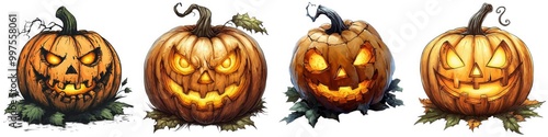 Growing Clipart of Jack-O-Lantern, Four Lighting Eye's Halloween pumpkins with creative carvings on a white isolated background.