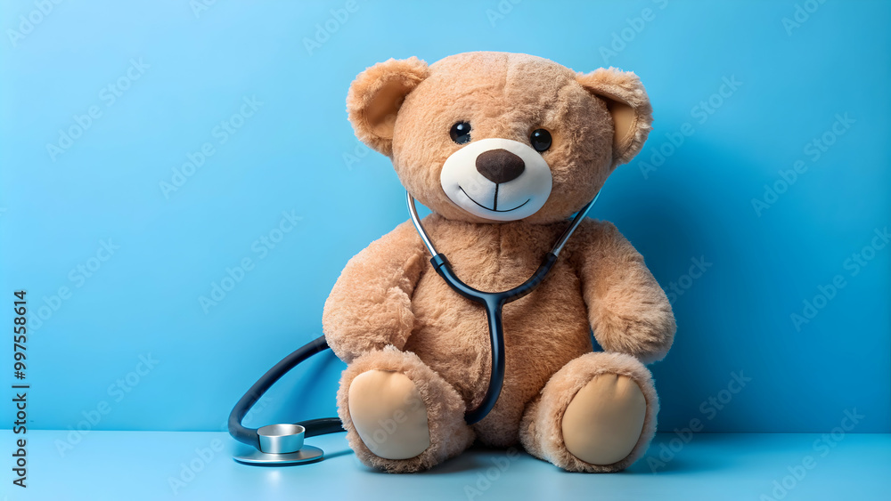Plush teddy bear with stethoscope pretending to be a doctor on a blue background , cute, healthcare, medicine Plush teddy bear with stethoscope pretending to be a doctor on a blue background , cute, healthcare, medicine