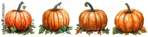 Collection of a farmer's pumpkins surrounded by green leaves on a white isolated background, isolated on a white background.