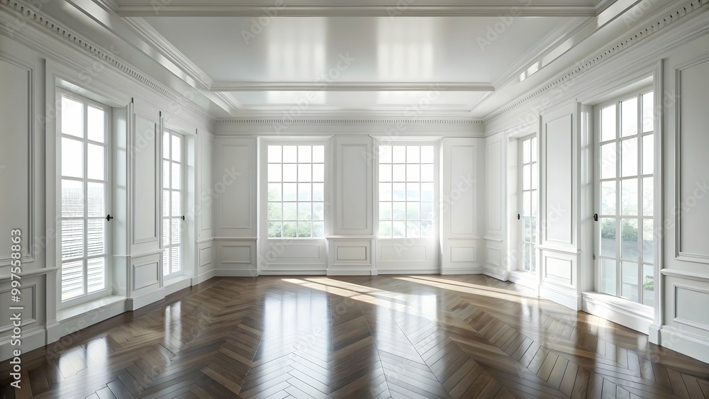 Fototapeta premium Classic empty clean white room with windows, minimalistic, interior design, architecture, bright, spacious, modern