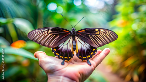 Butterfly siting on hands. Fragile Papilio lowii butterfly with open wings in butterfly's park photo