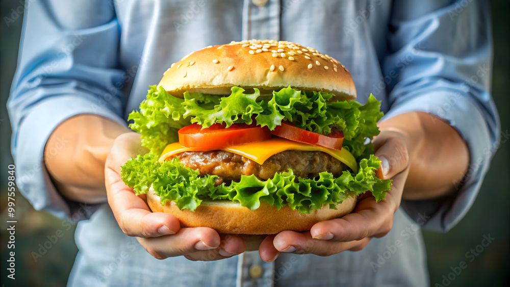 Close up of hands holding a juicy hamburger with lettuce and tomato, food, burger, hands, holding, eating, fast food, lunch, delicious Close up of hands holding a juicy hamburger with lettuce and tomato, food, burger, hands, holding, eating, fast food, lunch, delicious