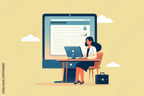 A career woman sits at an office desk while registering for work online
