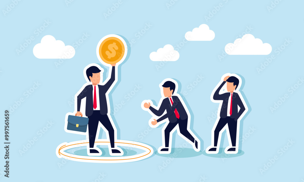 A businessman inside a circle holding a dollar coin while others try to approach, an illustration of the exclusivity of a businessman with substantial assets. A businessman inside a circle holding a dollar coin while others try to approach, an illustration of the exclusivity of a businessman with substantial assets.
