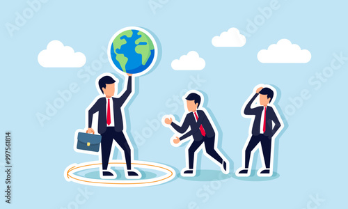 A businessman inside a circle holding a globe while others try to approach, an illustration of a businessman's exclusivity when dominating the market.