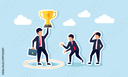 A businessman inside a circle holding a trophy while others try to approach, an illustration of the exclusivity of a successful businessman.