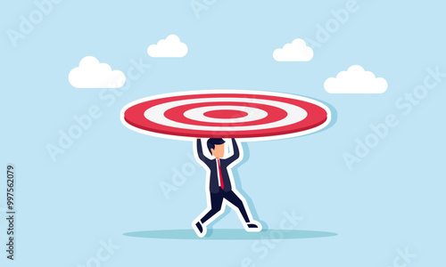 A businessman running while carrying a large target board, an illustration of a businessman's immense ambition or ego in pursuing greater goals.