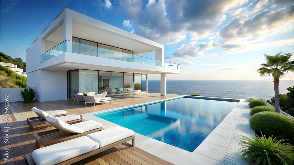 Fototapeta premium Luxury villa with infinity pool overlooking ocean in bright white colors, luxury, villa, infinity pool, ocean view, white