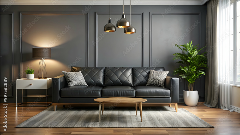 Fototapeta premium Stylish living room interior featuring a comfortable black sofa , modern, elegant, design, cozy, home, house