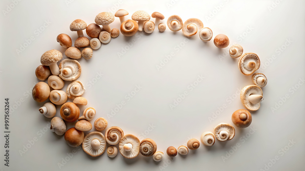 Background with a spiral made of mushrooms on a light, uniform background, mushrooms, spiral, background, light, natural Background with a spiral made of mushrooms on a light, uniform background, mushrooms, spiral, background, light, natural