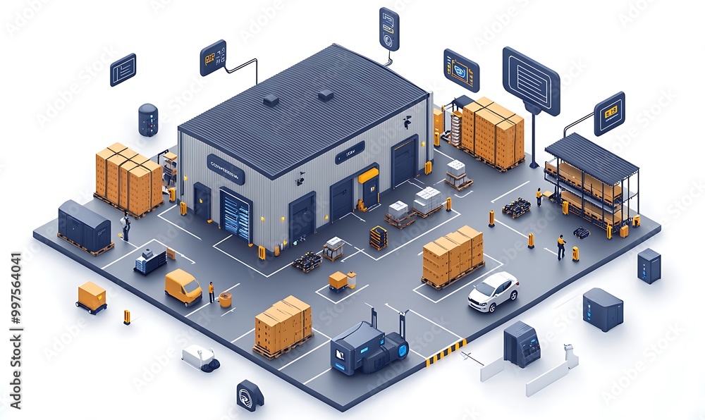 an isometric illustration of a smart warehouse management system emphasizing inventory control. with IoT device design an isometric illustration of a smart warehouse management system emphasizing inventory control. with IoT device design