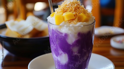 A vibrant and refreshing halo-halo in a glass, showcasing a delightful mix of crushed ice, evaporated milk, and coconut milk, 