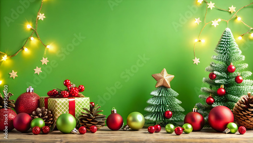 Festive Christmas decorations on lime green background, festive, Christmas, decorations, lime green, background © sarinya