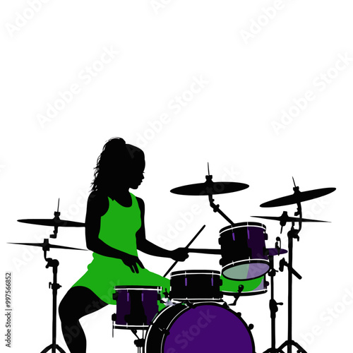 A female rockstar drummer performing live in a musical concert and dance party, PNG