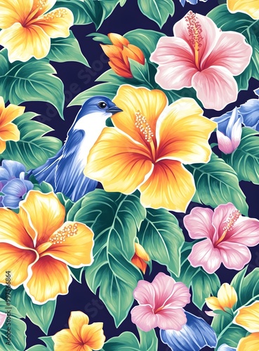 Tropical Floral Pattern with Bird