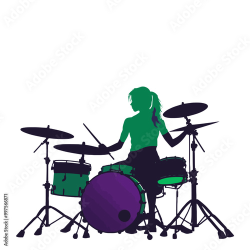 A female rockstar drummer performing live in a musical concert and dance party, PNG