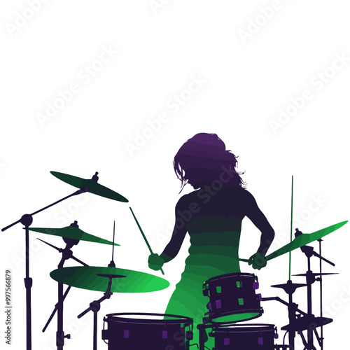 A female rockstar drummer performing live in a musical concert and dance party, PNG
