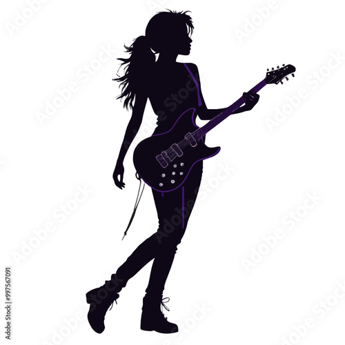 A female rockstar guitarist performing live in a musical concert and dance party, PNG