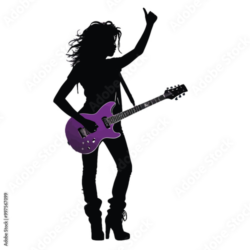 A female rockstar guitarist performing live in a musical concert and dance party, PNG