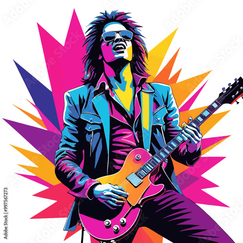 A vibrant Rockstar singing and playing guitar with full vocal tune captivating the audience with energy and passion. PNG and vectot