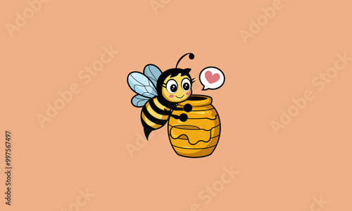 Cute bee hugging a honey jar with a heart symbol.