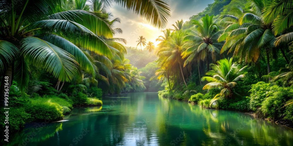 Obraz premium Jungle landscape with a tranquil river, lush palm trees, and vibrant foliage , Jungle, landscape, river, palms, interior
