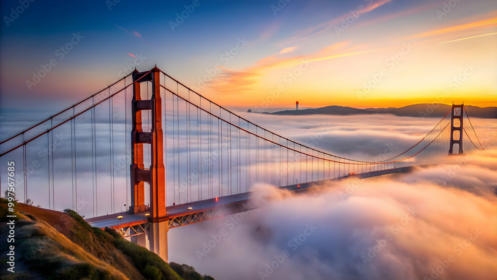 Golden Gate Bridge at dawn shrouded in fog , Golden Gate, San Francisco, fog, dawn, sunrise, iconic, landmark, bridge Golden Gate Bridge at dawn shrouded in fog , Golden Gate, San Francisco, fog, dawn, sunrise, iconic, landmark, bridge