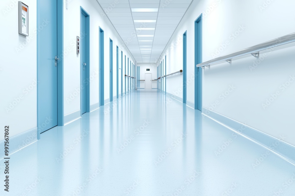 Clean Hospital Hallway with Blue Accents Clean Hospital Hallway with Blue Accents