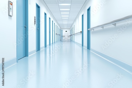 Clean Hospital Hallway with Blue Accents