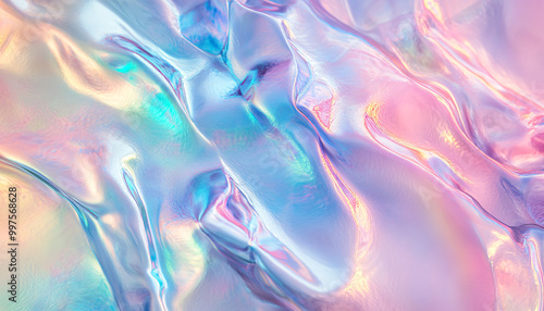 Iridescent, holographic patterns in pastel shades, creating a futuristic, dreamy effect that shifts in color and tone