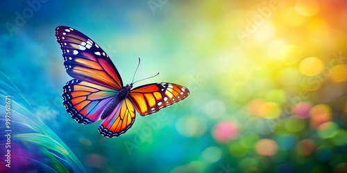 Colorful butterfly in flight on background, butterfly, blue, yellow, orange, beautiful, wings, flying, insect, nature