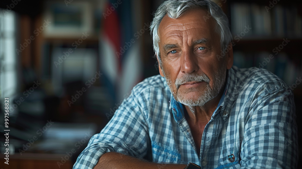 Fototapeta premium Thoughtful Elder Man in Checked Shirt with Bookshelf Background