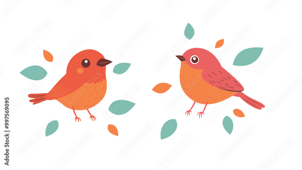 A Pair of Cute Orange Robin Bird Animal with Leaves in the Park A Pair of Cute Orange Robin Bird Animal with Leaves in the Park