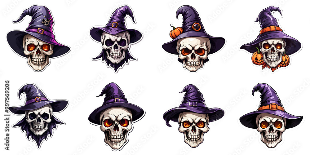 Illustration set of skull decal with witch hat. white background. Illustration set of skull decal with witch hat. white background.