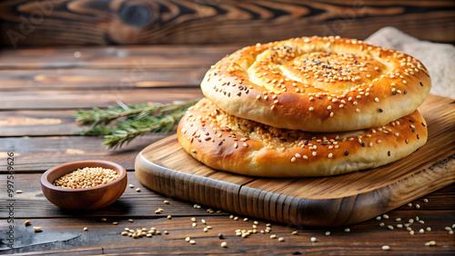 Delicious homemade Ramadan pita with sesame seeds on a wooden board, Ramadan, pita, bread, homemade, traditional, sesame seeds, Turkish photo