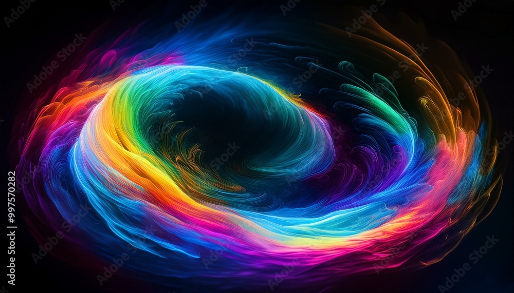 A mesmerizing wide-angle painting featuring a glowing iridescent spiral against a black backdrop, enhanced by minimalist smoke patterns and dramatic, sparkling raindrops. A mesmerizing wide-angle painting featuring a glowing iridescent spiral against a black backdrop, enhanced by minimalist smoke patterns and dramatic, sparkling raindrops.