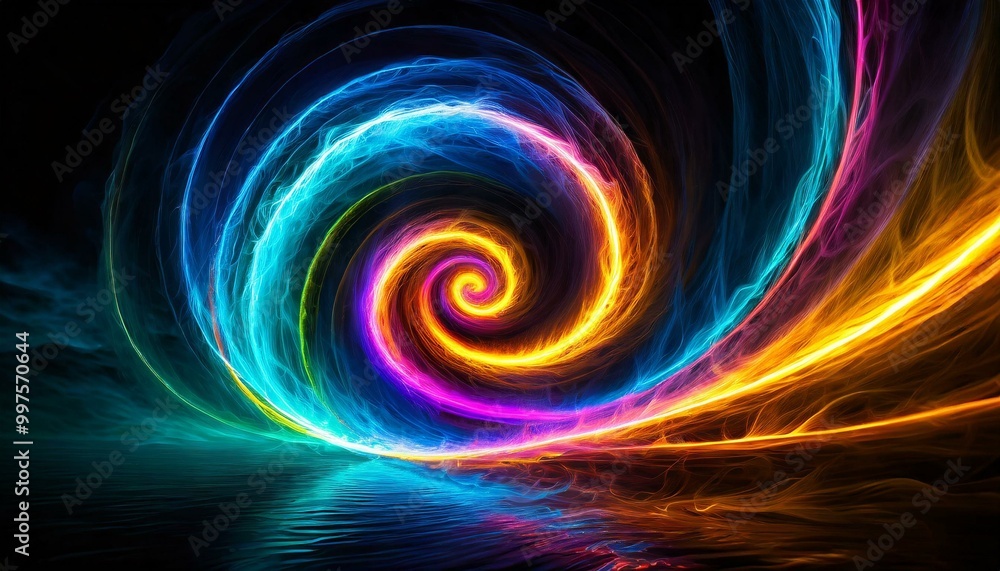 A mesmerizing wide-angle painting featuring a glowing iridescent spiral against a black backdrop, enhanced by minimalist smoke patterns and dramatic, sparkling raindrops. A mesmerizing wide-angle painting featuring a glowing iridescent spiral against a black backdrop, enhanced by minimalist smoke patterns and dramatic, sparkling raindrops.
